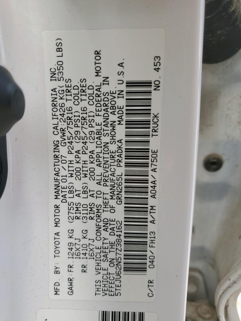 5TEJU62N57Z384162 - 2007 TOYOTA TACOMA DOUBLE CAB PRERUNNER WHITE photo 12