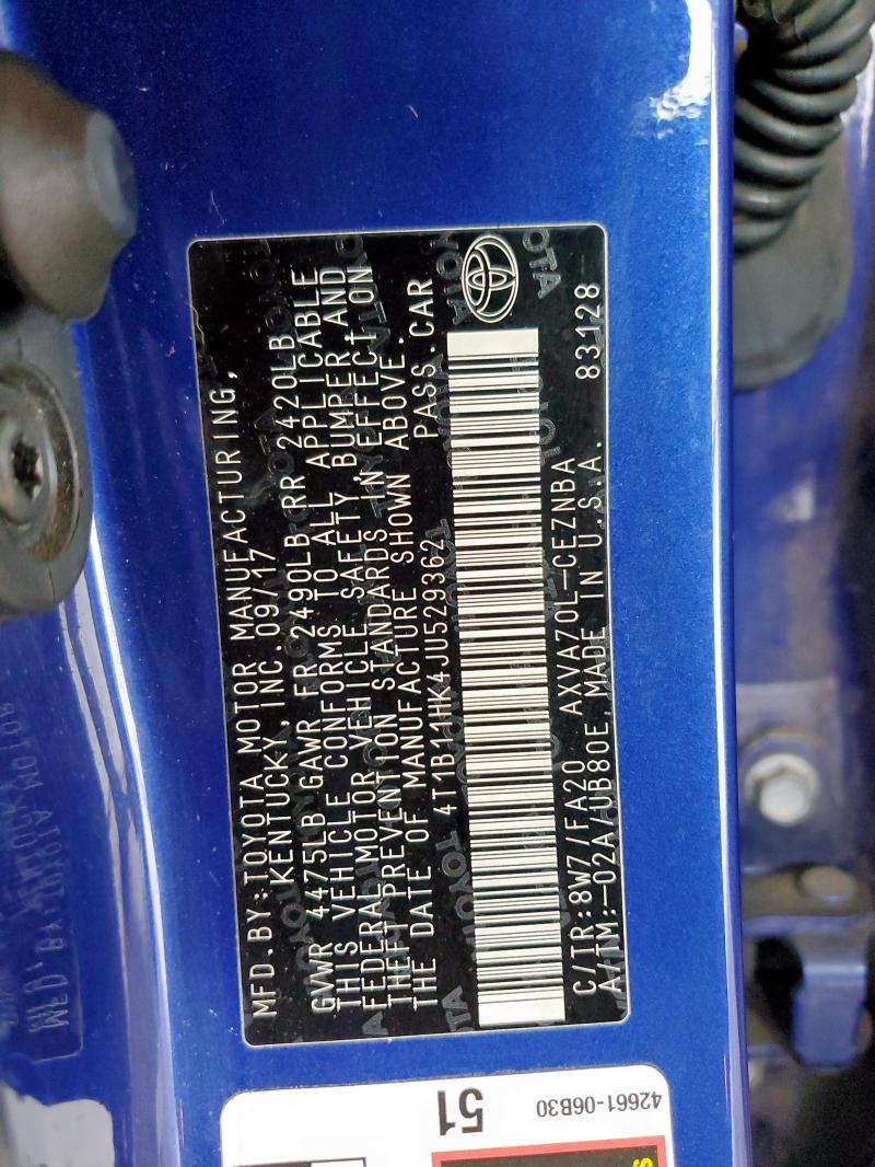 4T1B11HK4JU529362 - 2018 TOYOTA CAMRY L BLUE photo 12