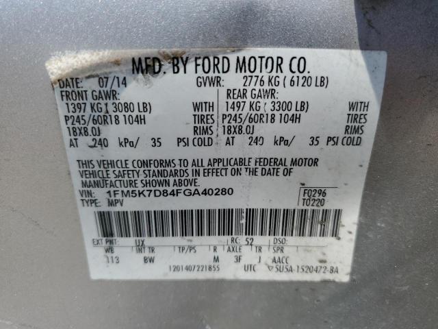 1FM5K7D84FGA40280 - 2015 FORD EXPLORER XLT SILVER photo 14