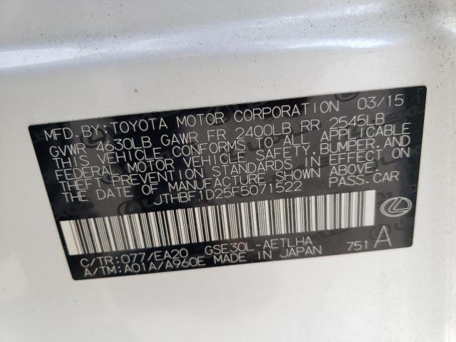 JTHBF1D25F5071522 - 2015 LEXUS IS 250 WHITE photo 12