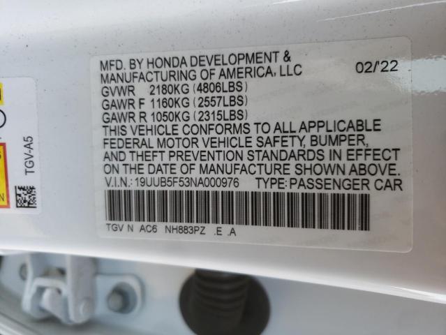 19UUB5F53NA000976 - 2022 ACURA TLX TECH A თეთრი ფოტო 10