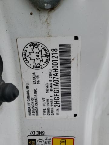 2HGFG1A07AH001218 - 2010 HONDA CIVIC EXL თეთრი ფოტო 12