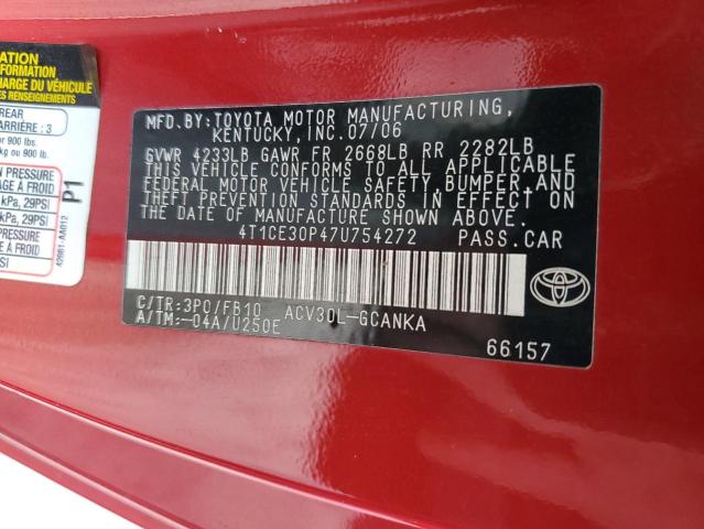 4T1CE30P47U754272 - 2007 TOYOTA CAMRY SOLA SE RED photo 12