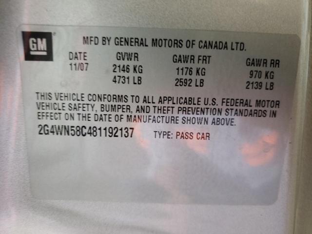 2G4WN58C481192137 - 2008 BUICK LACROSSE SUPER SERIES SILVER photo 12