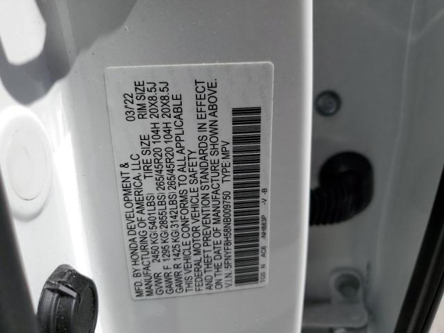 5FNYF8H58NB009750 - 2022 HONDA PASSPORT EXL თეთრი ფოტო 12