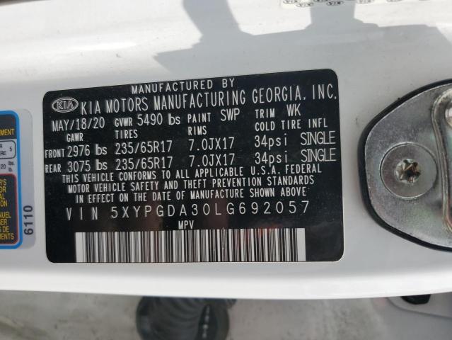 5XYPGDA30LG692057 - 2020 KIA SORENTO L WHITE photo 13