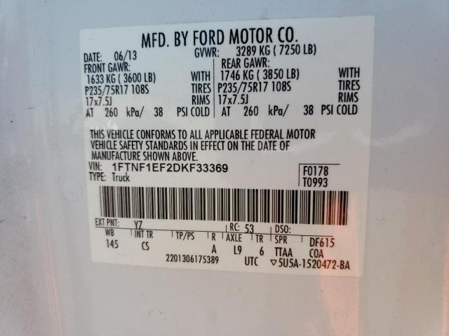 1FTNF1EF2DKF33369 - 2013 FORD F150 WHITE photo 12