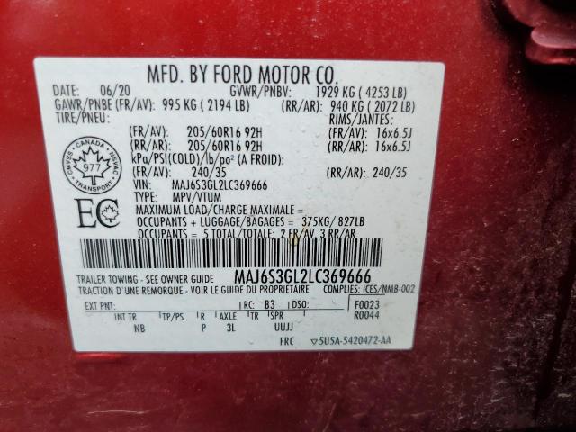 MAJ6S3GL2LC369666 - 2020 FORD ECOSPORT SE 栗色 照片 13