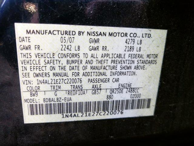 1N4AL21E27C220076 - 2007 NISSAN ALTIMA 2.5  photo 10