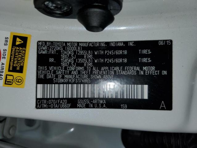 5TDBKRFH3FS174865 - 2015 TOYOTA HIGHLANDER LE WHITE photo 14