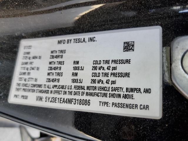 5YJ3E1EA4NF318086 - 2022 TESLA MODEL 3 黑色 照片 12