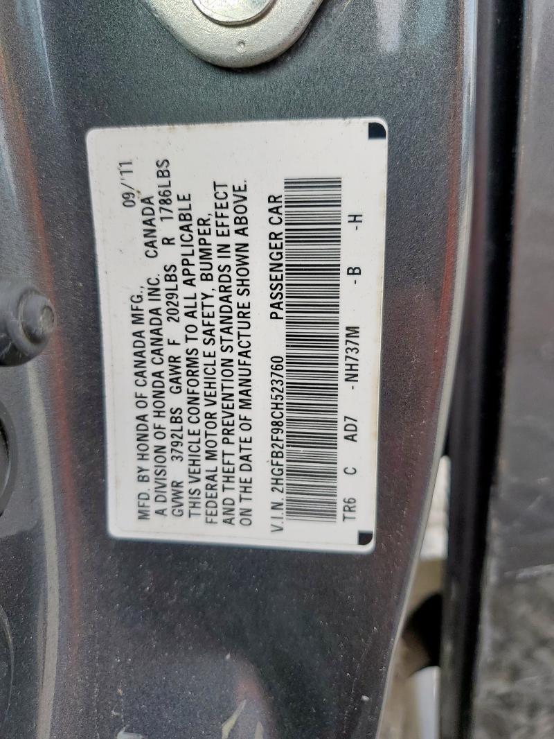 2HGFB2F98CH523760 - 2012 HONDA CIVIC EXL GRAY photo 12