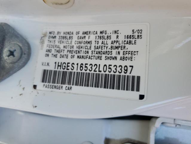 1HGES16532L053397 - 2002 HONDA CIVIC LX WHITE photo 13