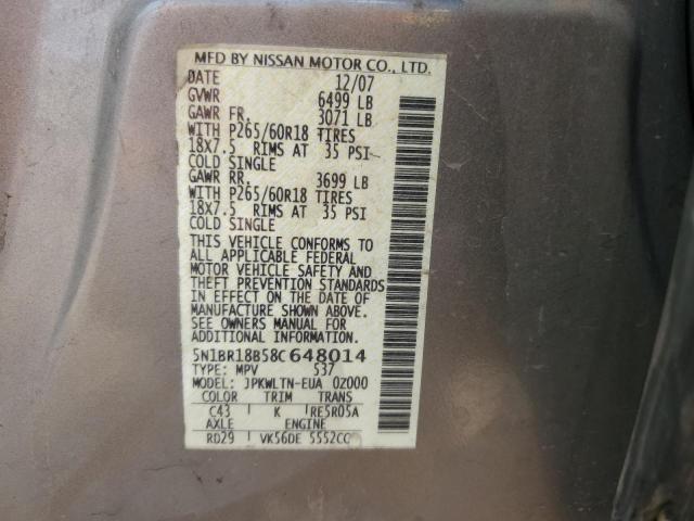 5N1BR18B58C648014 - 2008 NISSAN PATHFINDER LE BROWN photo 12
