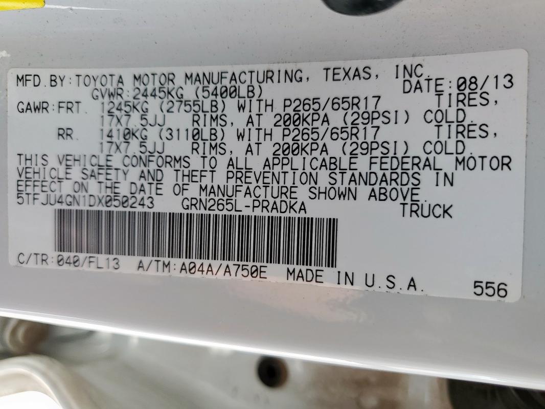 5TFJU4GN1DX050243 - 2013 TOYOTA TACOMA DOUBLE CAB PRERUNNER WHITE photo 12