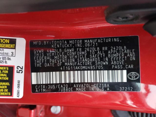 4T1G11AK0MU485705 - 2021 TOYOTA CAMRY SE RED photo 12