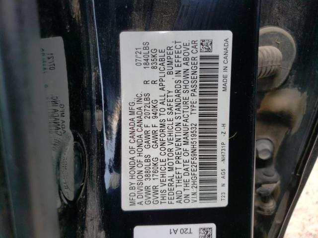 2HGFE2F59NH519532 - 2022 HONDA CIVIC SPORT 黑色 照片 12