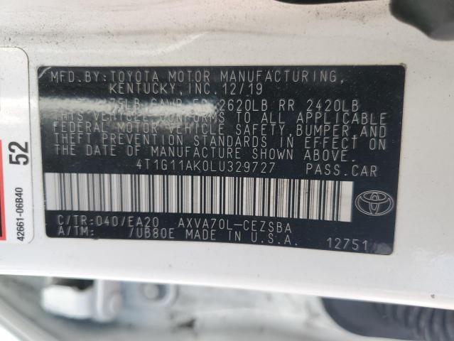 4T1G11AK0LU329727 - 2020 TOYOTA CAMRY SE 白色 照片 12
