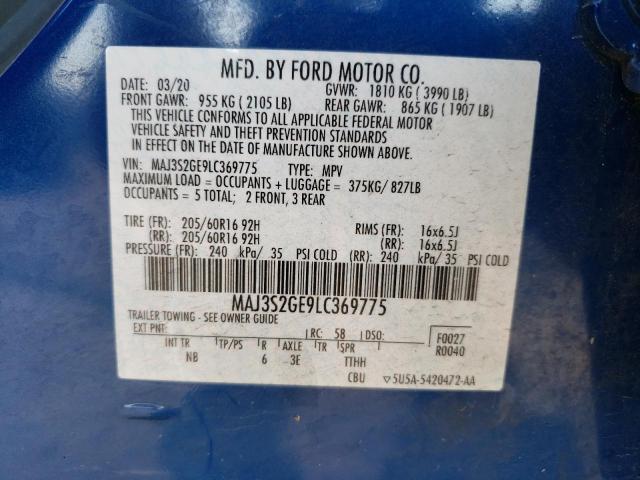 MAJ3S2GE9LC369775 - 2020 FORD ECOSPORT SE Կապույտ լուսանկար 12