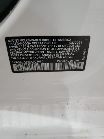 1VWSA7A39NC001660 - 2022 VOLKSWAGEN PASSAT SE WHITE photo 12
