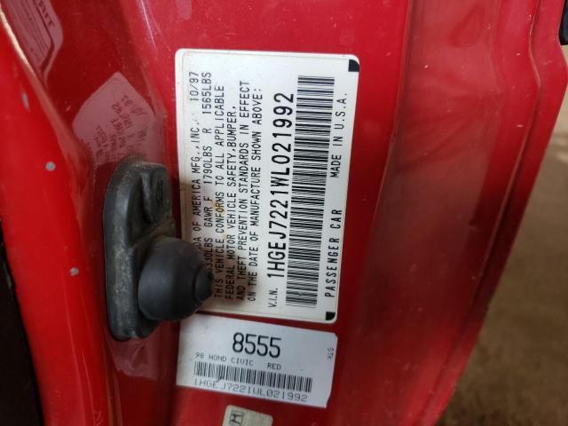 1HGEJ7221WL021992 - 1998 HONDA CIVIC HX RED photo 13