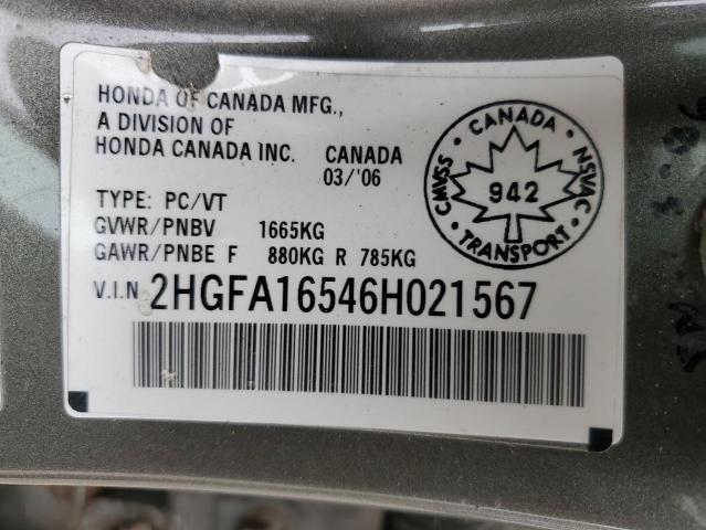 2HGFA16546H021567 - 2006 HONDA CIVIC LX GRAY photo 12
