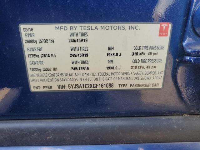 5YJSA1E2XGF161098 - 2016 TESLA MODEL S ლურჯი ფოტო 12