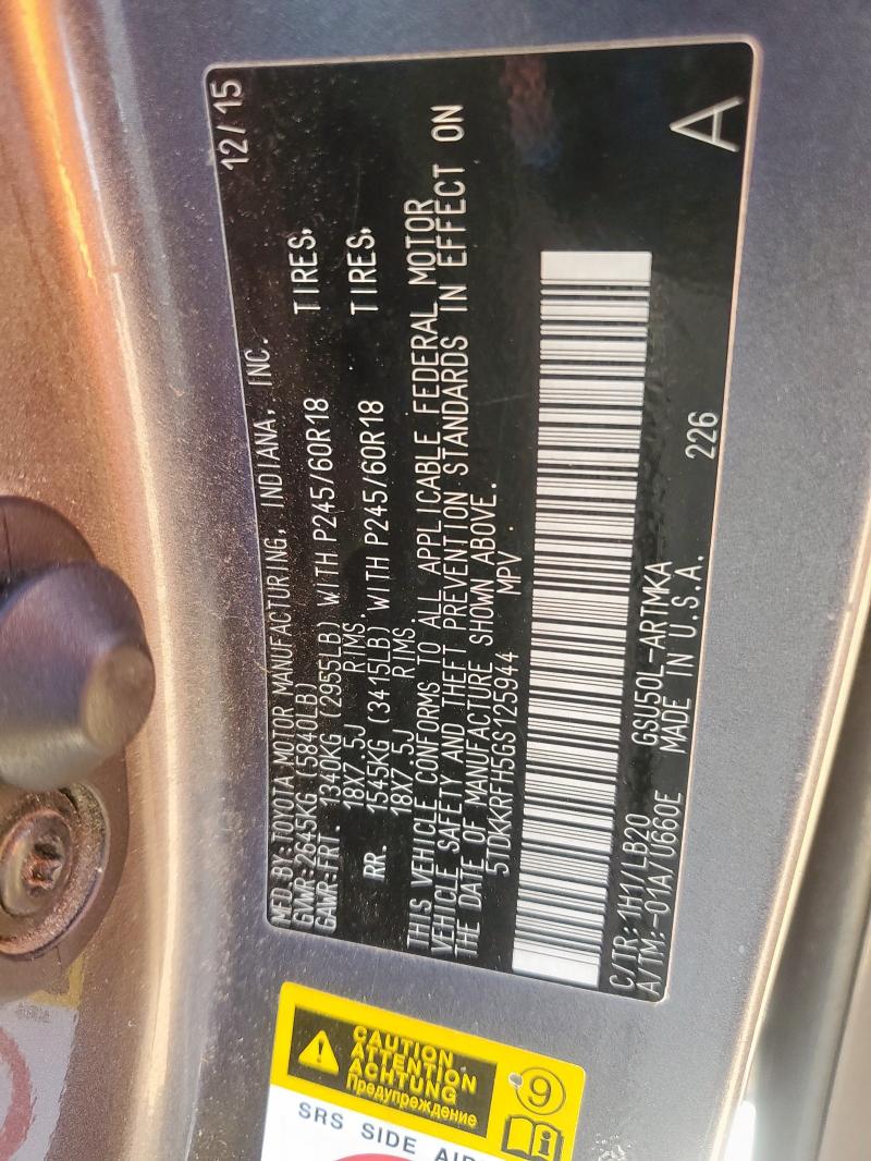 5TDKKRFH5GS125944 - 2016 TOYOTA HIGHLANDER XLE GRAY photo 13