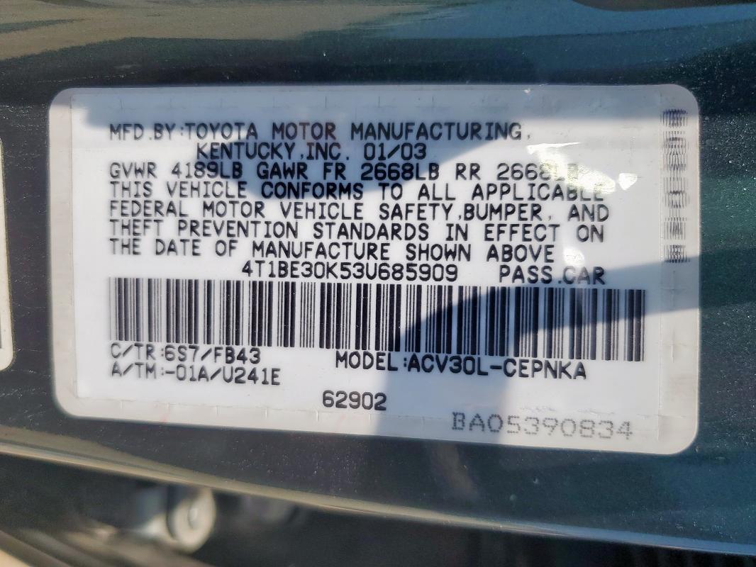 4T1BE30K53U685909 - 2003 TOYOTA CAMRY LE 绿色 照片 12