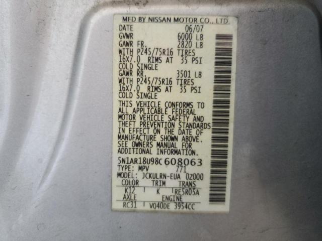 5N1AR18U98C608063 - 2008 NISSAN PATHFINDER S SILVER photo 13