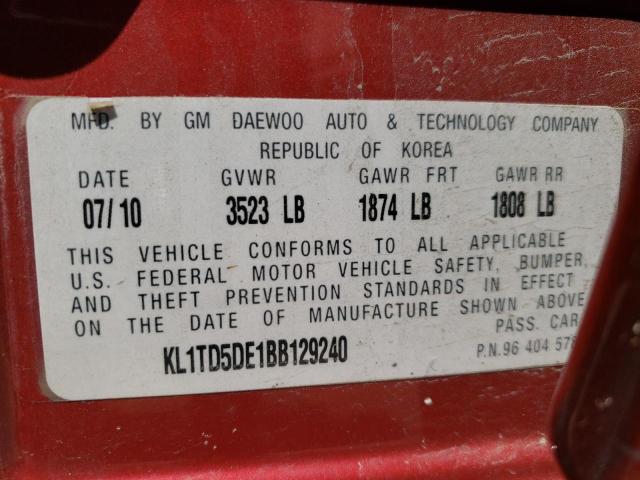 KL1TD5DE1BB129240 - 2011 CHEVROLET AVEO LS 红色 照片 13