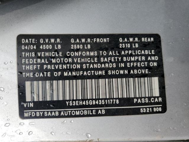 YS3EH45G943511778 - 2004 SAAB 9-5 AERO SILVER photo 12