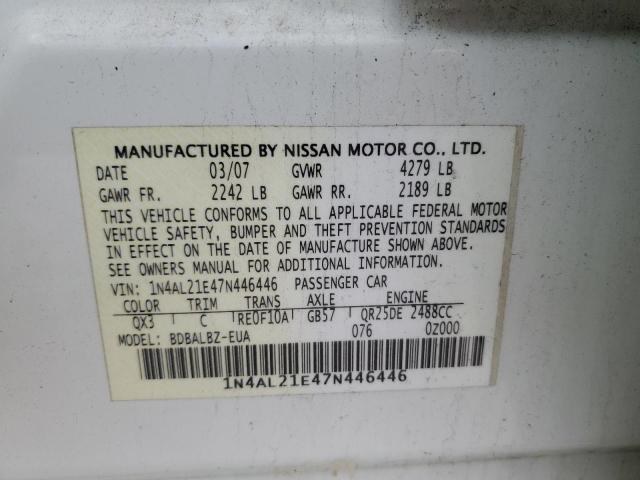 1N4AL21E47N446446 - 2007 NISSAN ALTIMA 2.5 WHITE photo 13