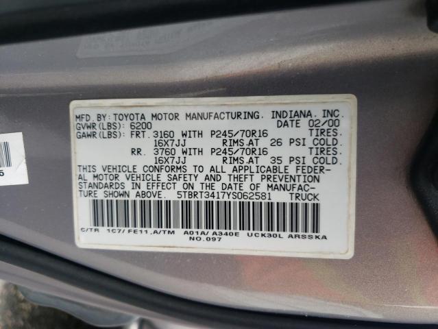 5TBRT3417YS062581 - 2000 TOYOTA TUNDRA ACCESS CAB 灰色 照片 12