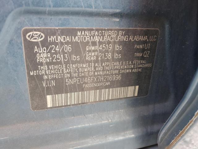 5NPEU46FX7H216996 - 2007 HYUNDAI SONATA SE BLUE photo 12