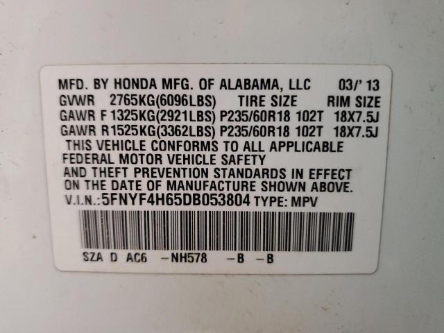 5FNYF4H65DB053804 - 2013 HONDA PILOT EXL 白色 照片 12