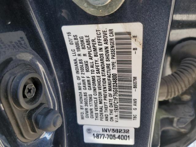 19XFC1F76GE034800 - 2016 HONDA CIVIC EXL შავი ფოტო 12