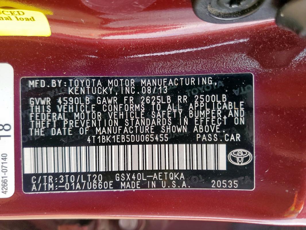 4T1BK1EB5DU065455 - 2013 TOYOTA AVALON BASE MAROON photo 13