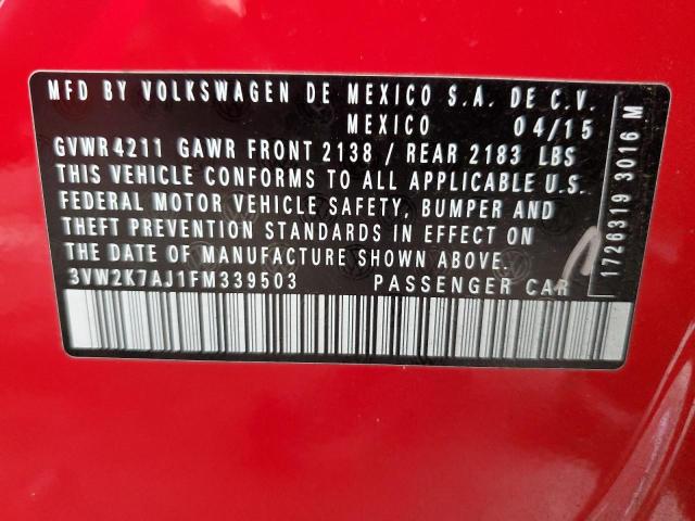 3VW2K7AJ1FM339503 - 2015 VOLKSWAGEN JETTA BASE 红色 照片 10