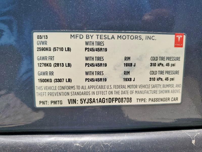 5YJSA1AG1DFP08708 - 2013 TESLA MODEL S CHARCOAL photo 12