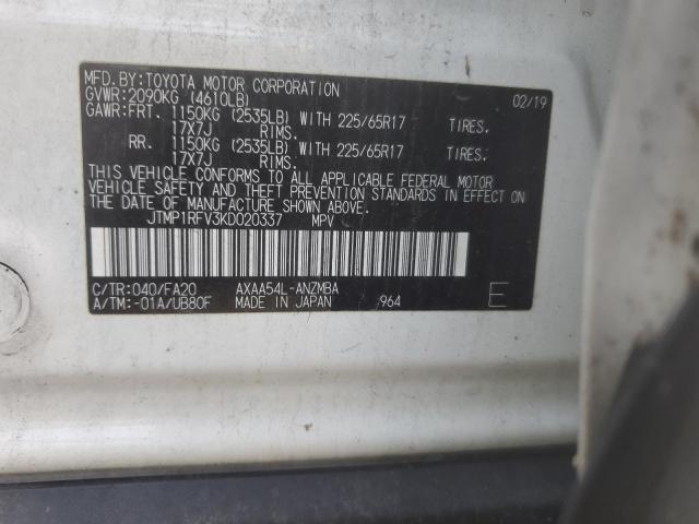 JTMP1RFV3KD020337 - 2019 TOYOTA RAV4 XLE WHITE photo 12