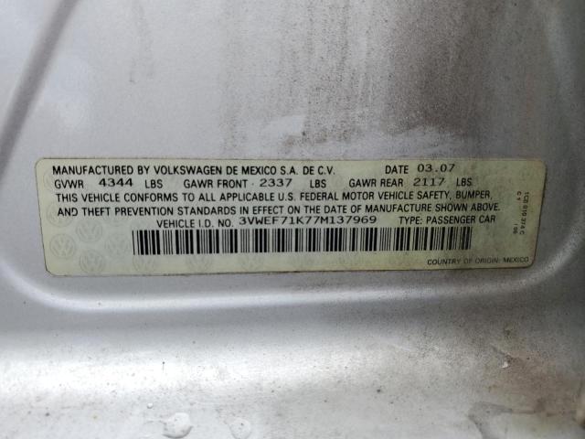 3VWEF71K77M137969 - 2007 VOLKSWAGEN JETTA WOLFSBURG 银色 照片 12