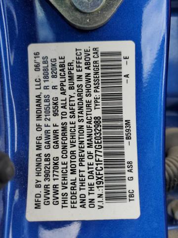 19XFC1F77GE032988 - 2016 HONDA CIVIC EXL BLUE photo 13