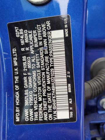 SHHFK7H49HU221029 - 2017 HONDA CIVIC SPORT Mavi fotoğraf 13