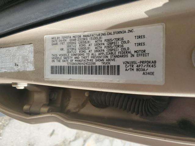 5TEGN92NX4Z402286 - 2004 TOYOTA TACOMA DOUBLE CAB PRERUNNER TAN photo 12