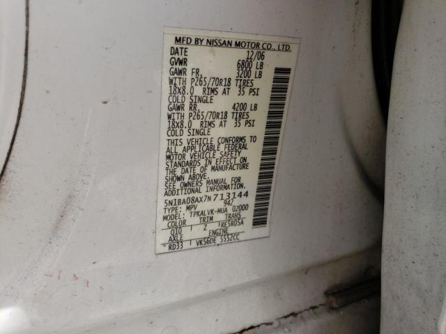 5N1BA08AX7N713144 - 2007 NISSAN ARMADA SE WHITE photo 13