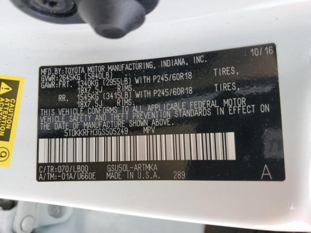 5TDKKRFH3GS505249 - 2016 TOYOTA HIGHLANDER XLE WHITE photo 14