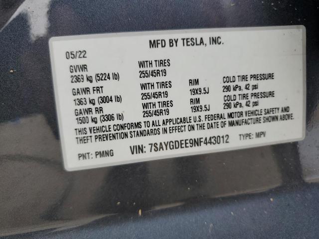 7SAYGDEE9NF443012 - 2022 TESLA MODEL Y Көк фото 12