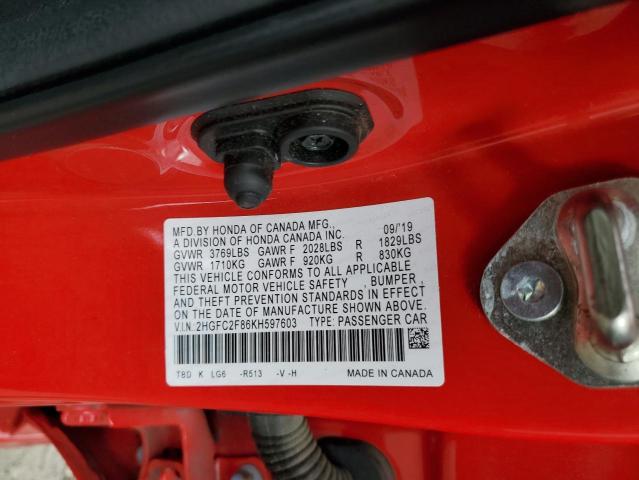 2HGFC2F86KH597603 - 2019 HONDA CIVIC SPORT RED photo 12