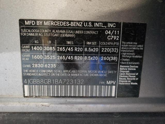 4JGBB8GB1BA723132 - 2011 MERCEDES-BENZ ML 350 4MATIC SILVER photo 13